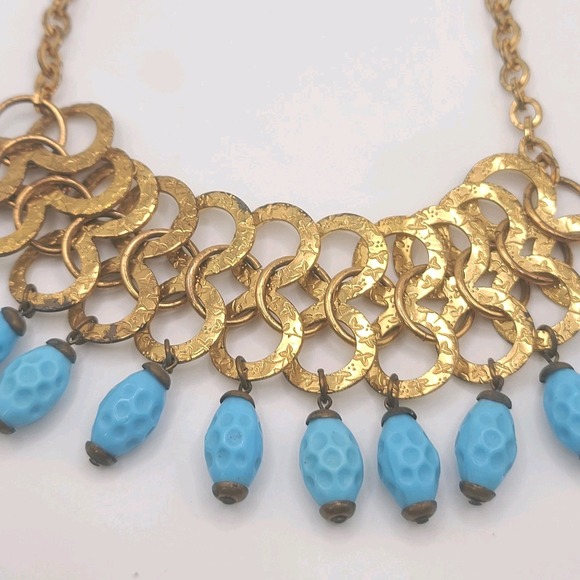 Vintage‎ Glass Beaded Necklace Blue Art Bib Cha Cha Gold Tone 15